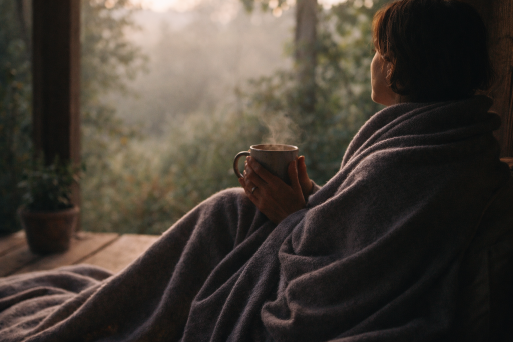 A comforting scene: person wrapped in a blanket with tea, gazing at the morning light